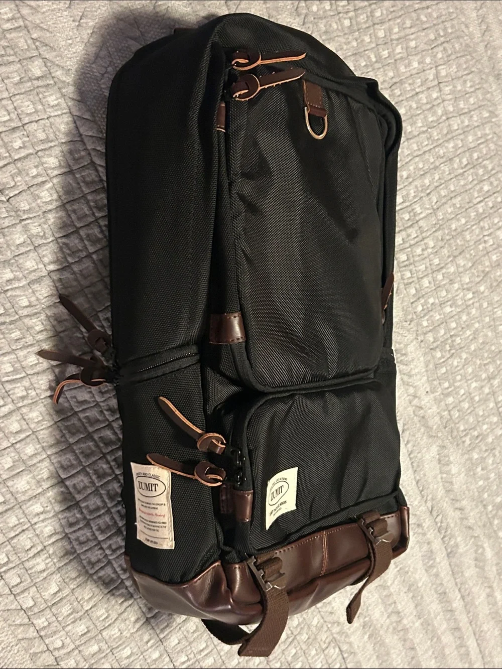Zumit Black Backpack with Brown Trim and Leather-Look Base